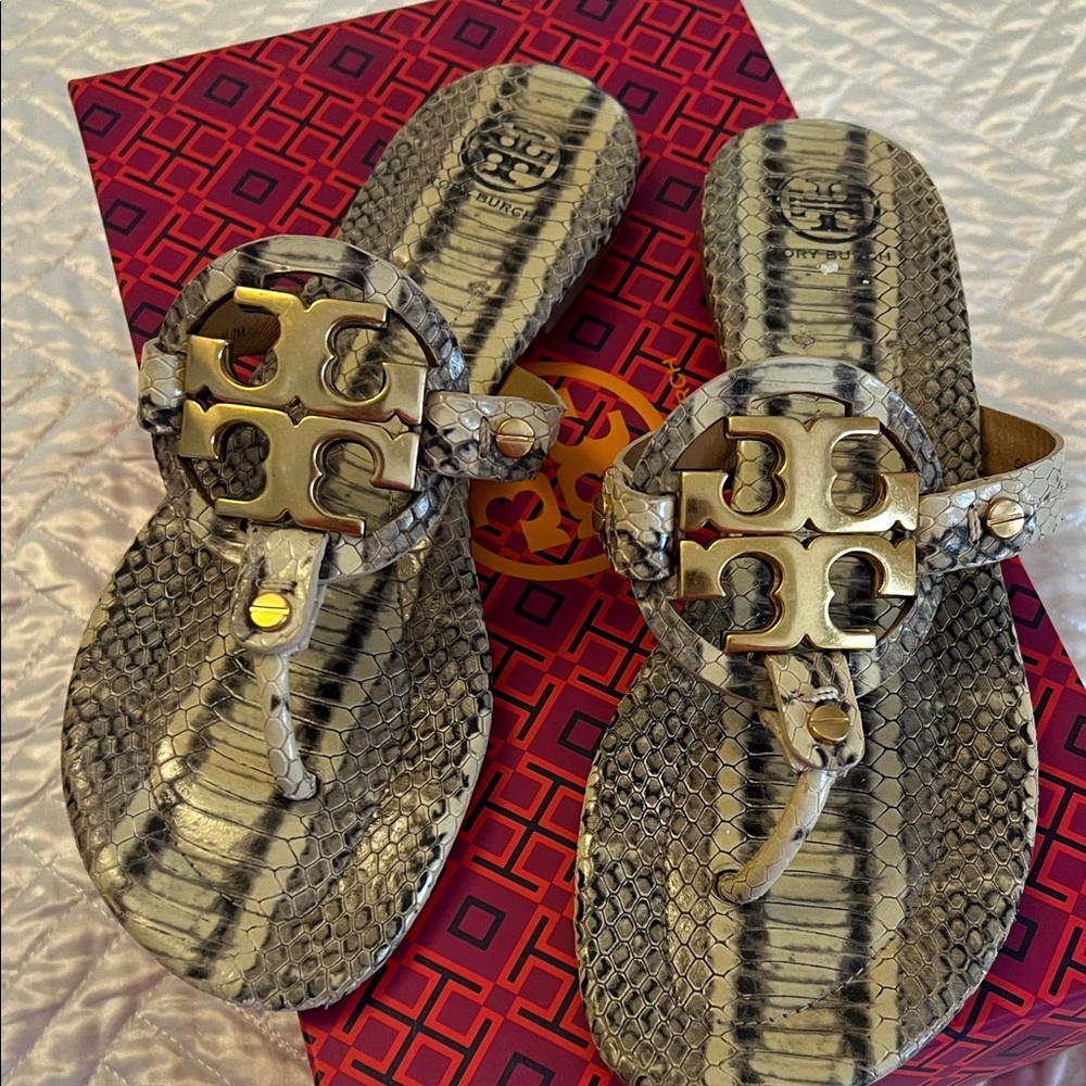 Tory Burch Snakeskin Flip Flops with Gold Emblem